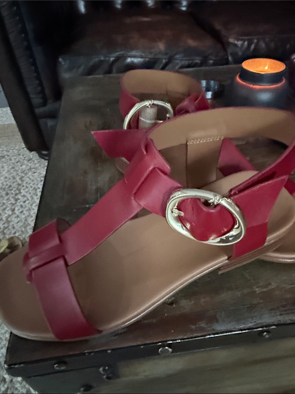 Brandy Leather Big Buckle Hardware T-Strap Ankle Wrap Sandals - Picture 4 of 5